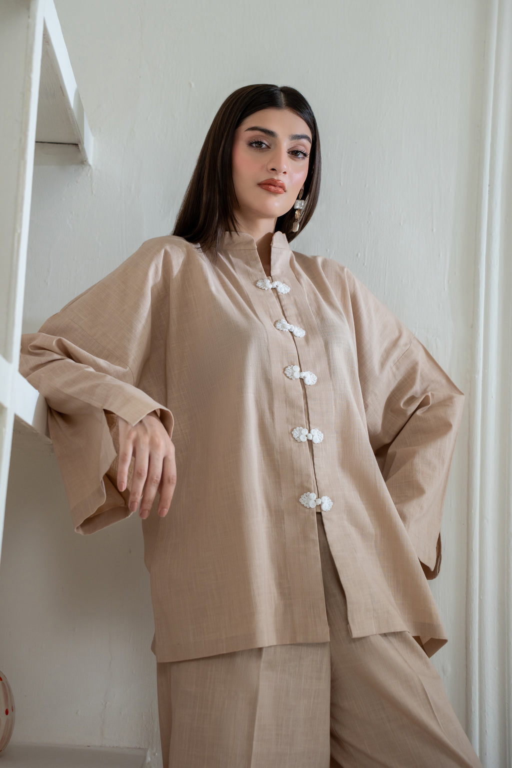 Mandarin Collared  Beige Set