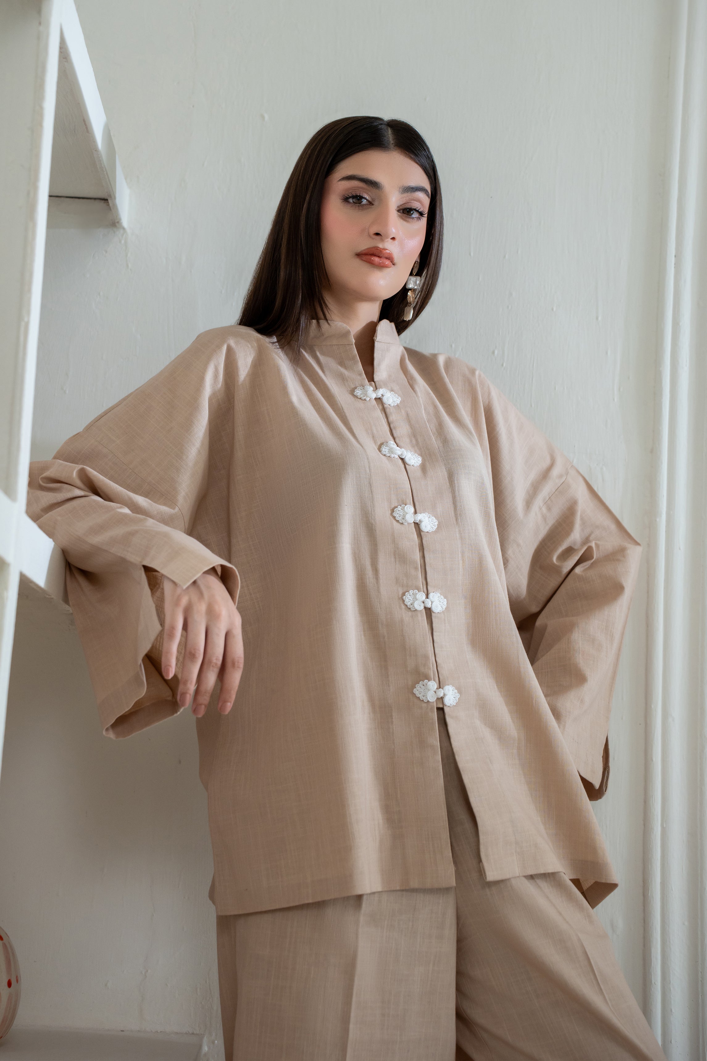 Mandarin Collared  Beige Set