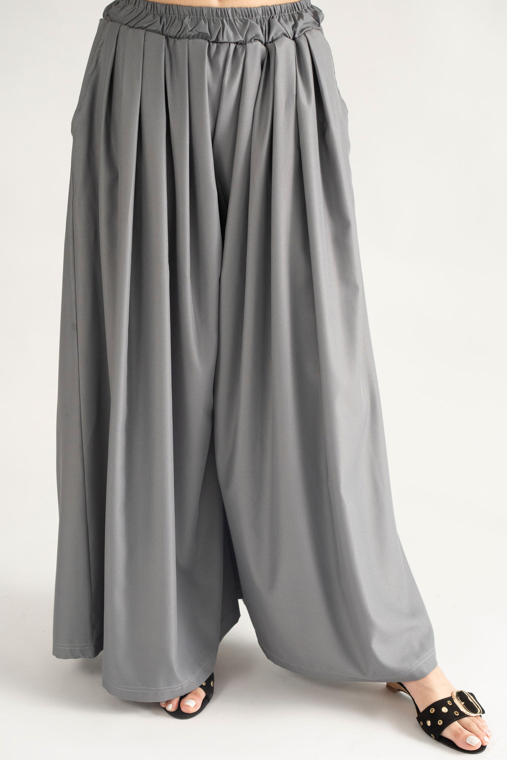 DRAPED PLAZZO HERRINGBONE PANTS  GREY  (Ship in 7 Days)