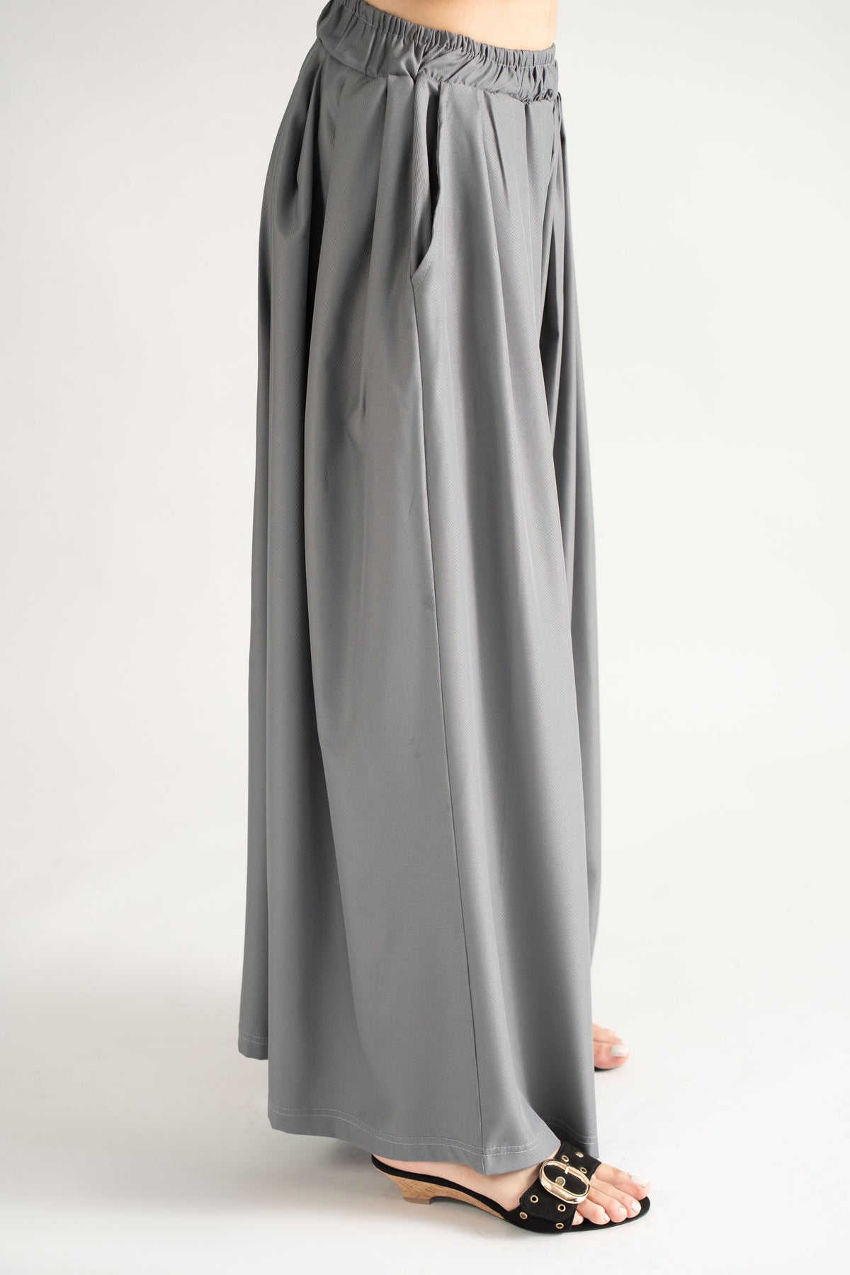 DRAPED PLAZZO HERRINGBONE PANTS  GREY  (Ship in 7 Days)