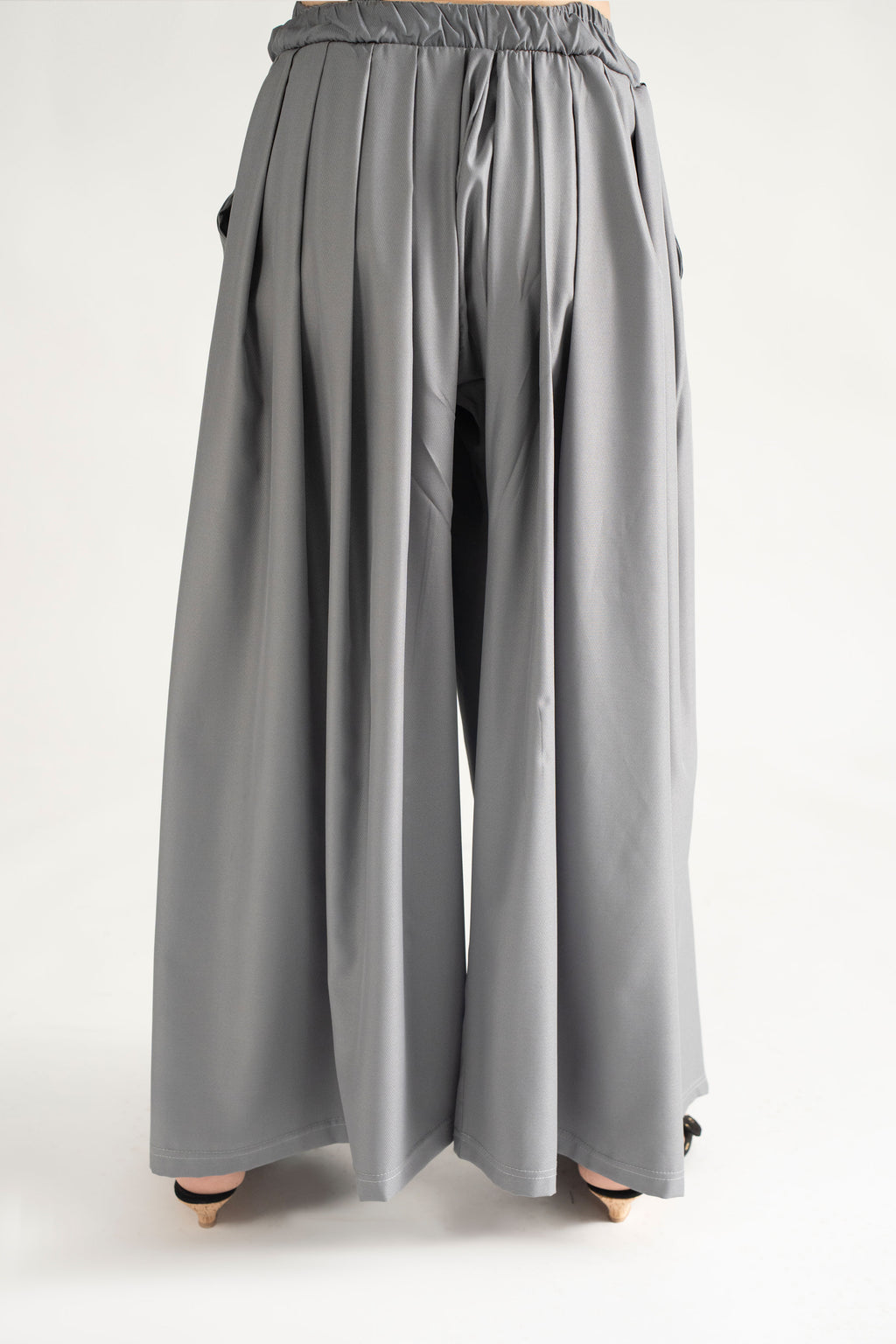 DRAPED PLAZZO HERRINGBONE PANTS  GREY  (Ship in 7 Days)
