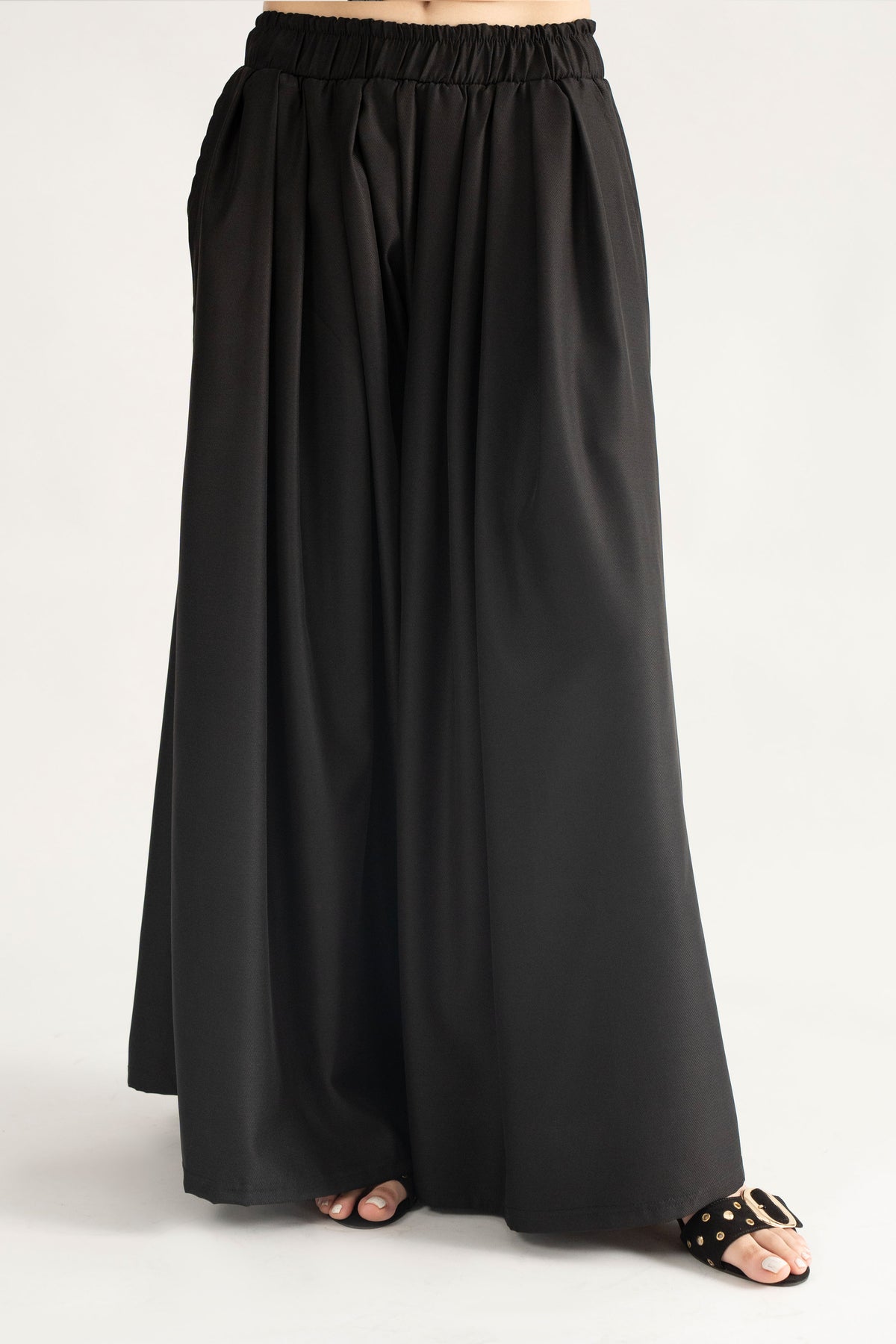 DRAPED PLAZZO HERRINGBONE PANTS BLACK  (Ship in 7 Days)