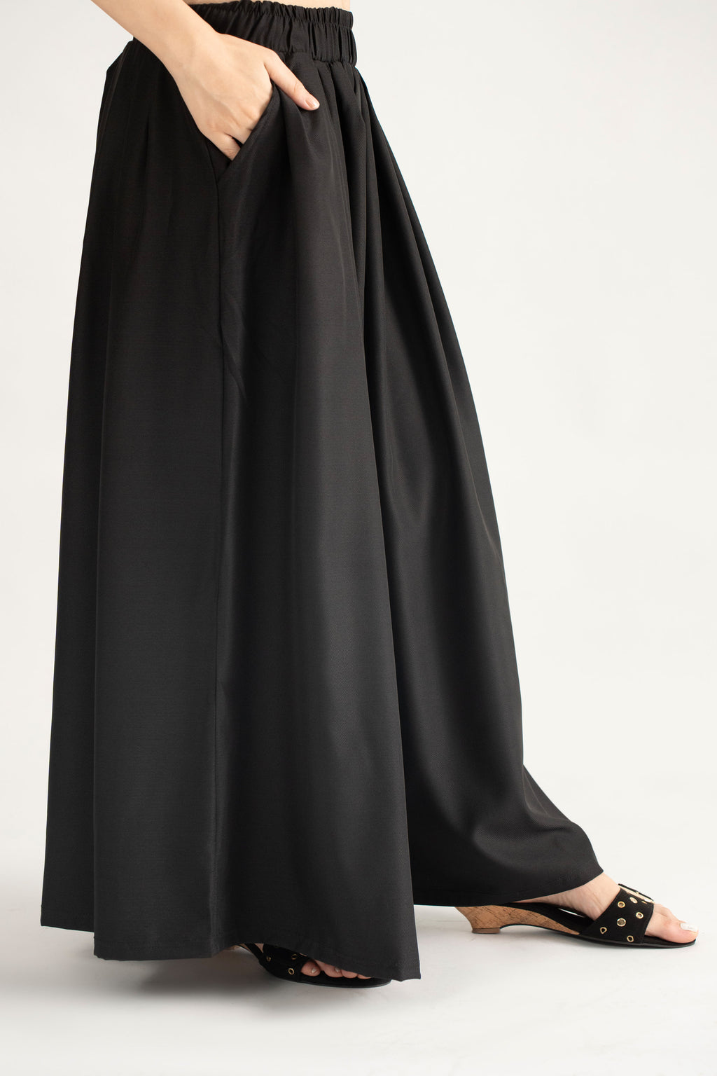 DRAPED PLAZZO HERRINGBONE PANTS BLACK  (Ship in 7 Days)