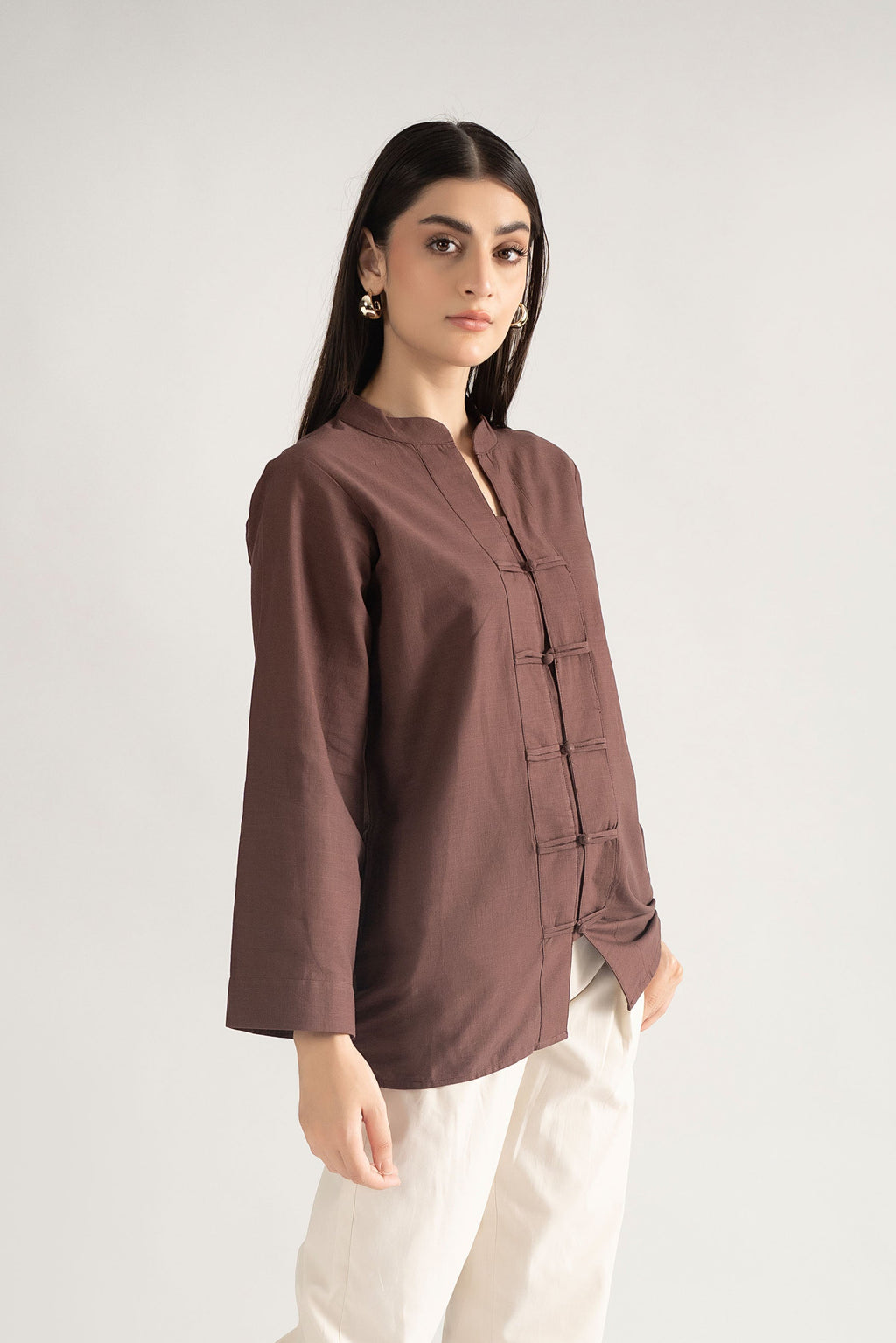 LUMA MANADARIN IRISH COTTON TOP  BROWN (ship in 5 Days)