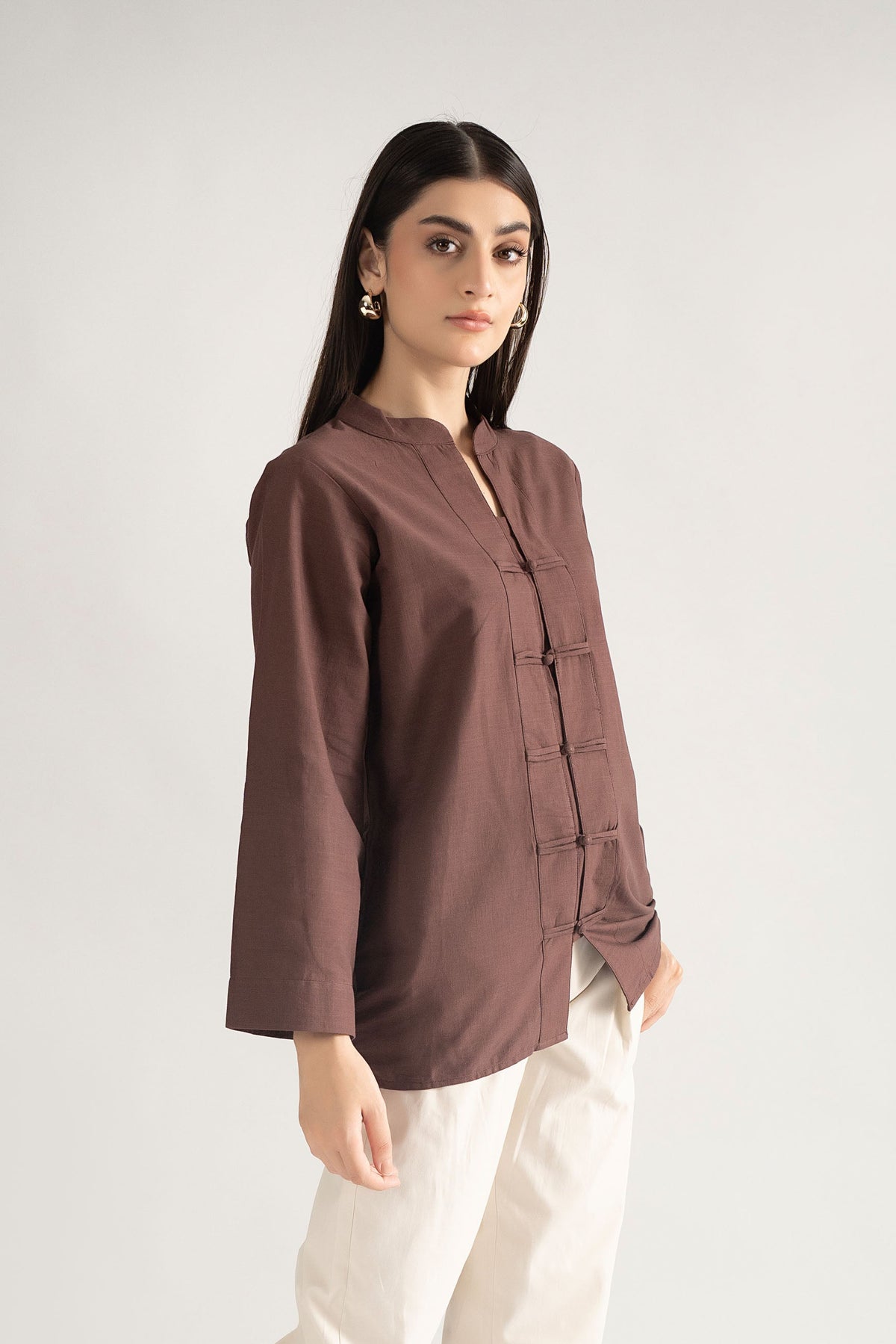 LUMA MANADARIN IRISH COTTON TOP  BROWN (ship in 5 Days)