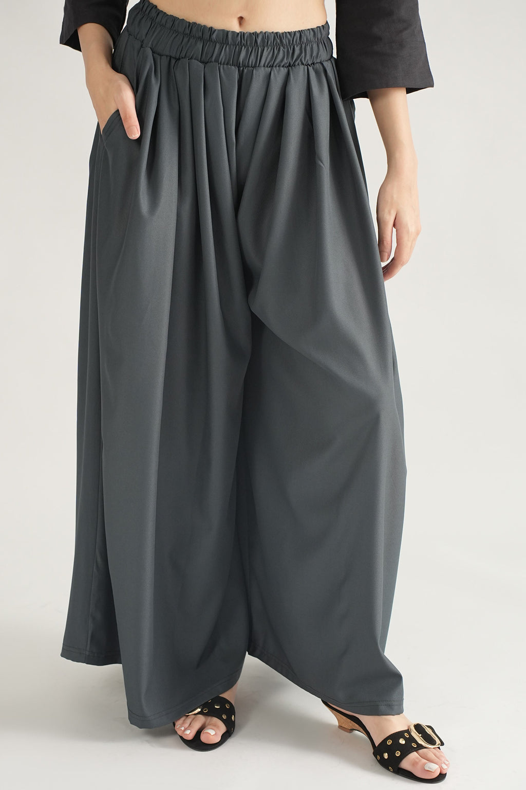 DRAPED PLAZZO HERRINGBONE PANTS DARK GREY  (Ship in 7 Days)