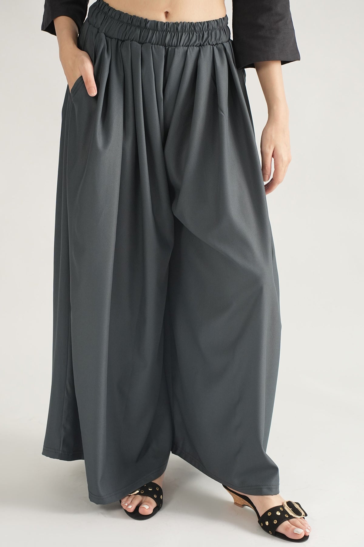 DRAPED PLAZZO HERRINGBONE PANTS DARK GREY  (Ship in 7 Days)