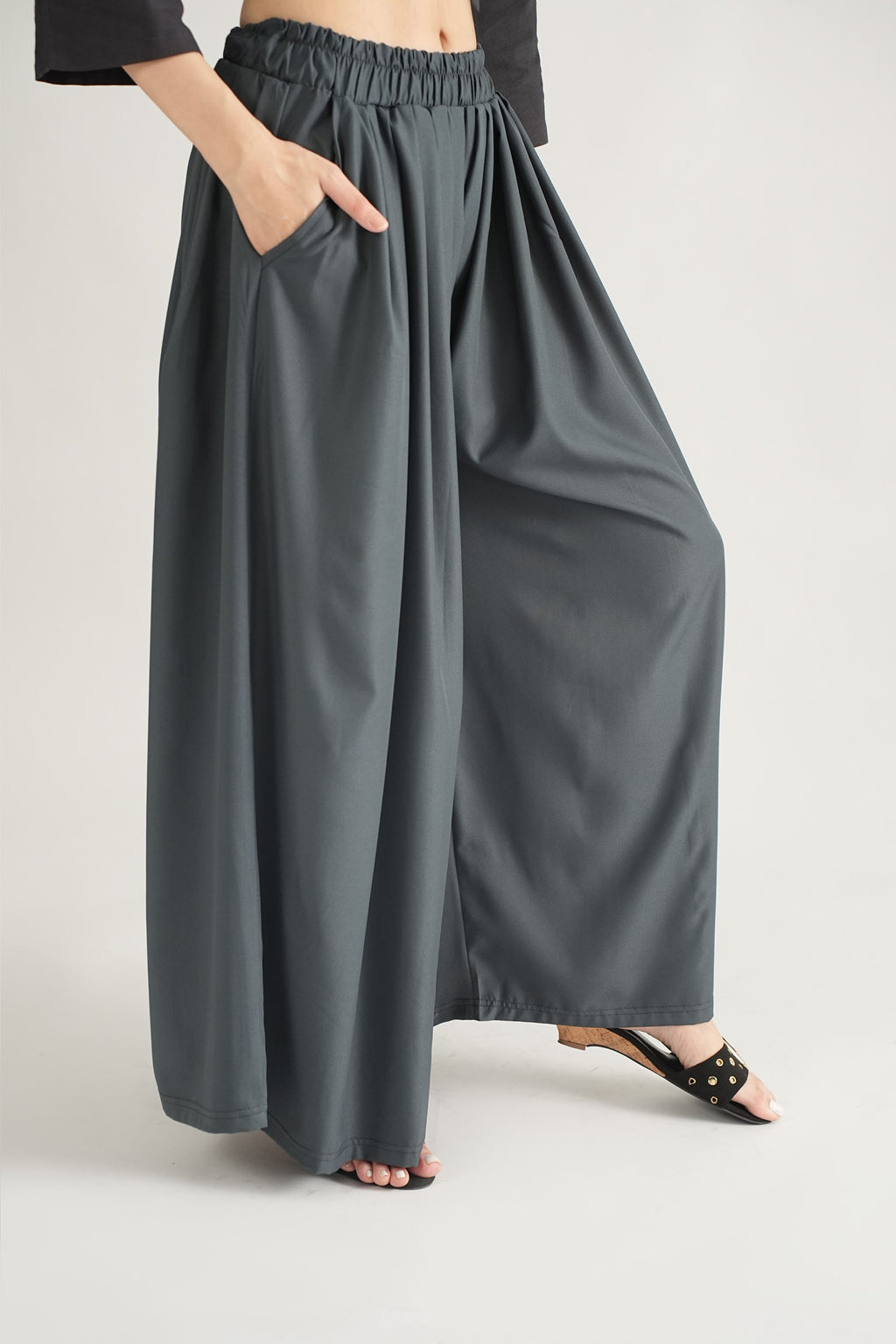 DRAPED PLAZZO HERRINGBONE PANTS DARK GREY  (Ship in 7 Days)
