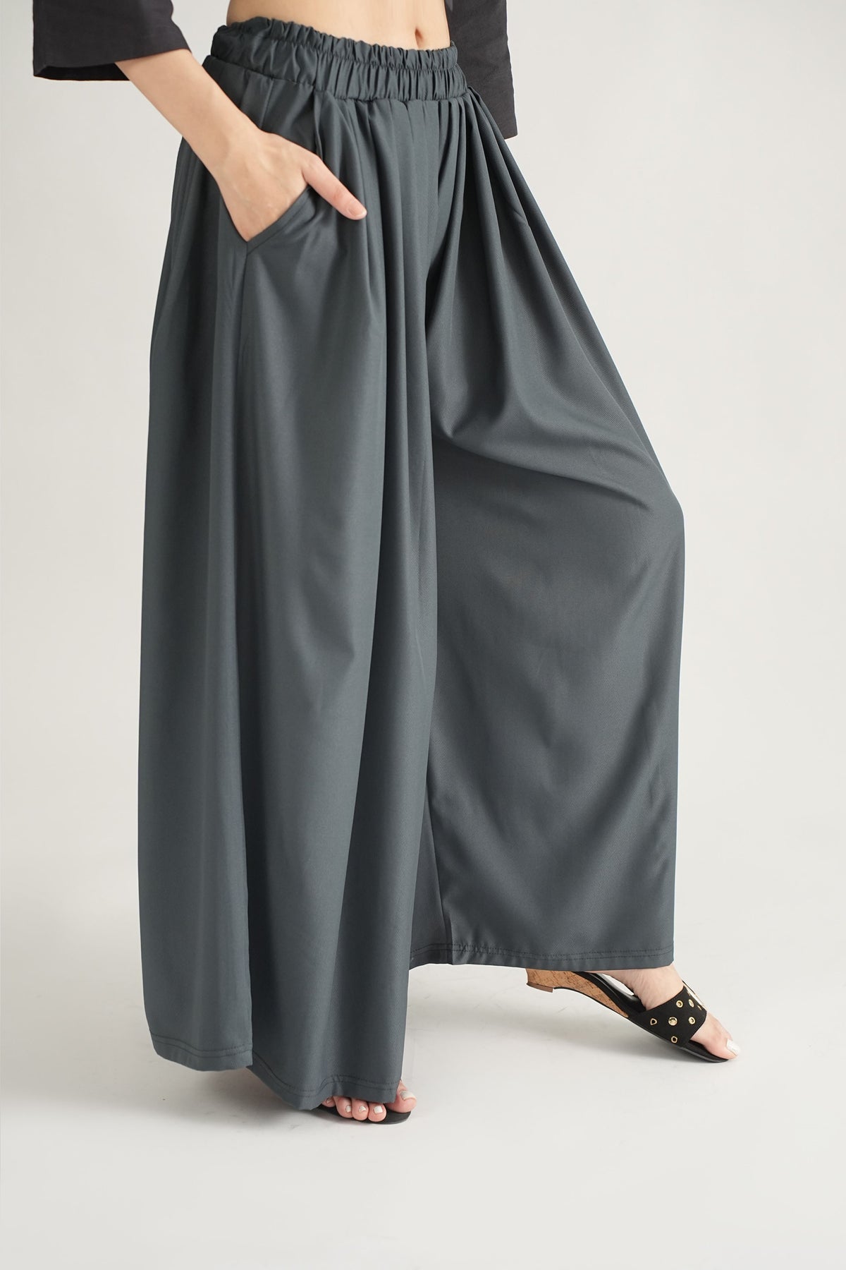 DRAPED PLAZZO HERRINGBONE PANTS DARK GREY  (Ship in 7 Days)