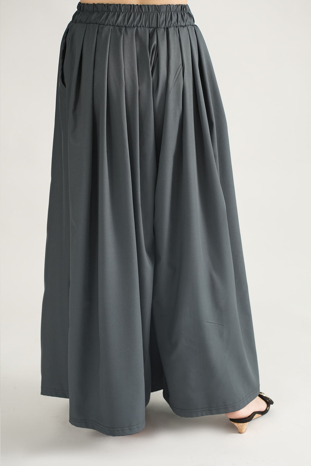 DRAPED PLAZZO HERRINGBONE PANTS DARK GREY  (Ship in 7 Days)