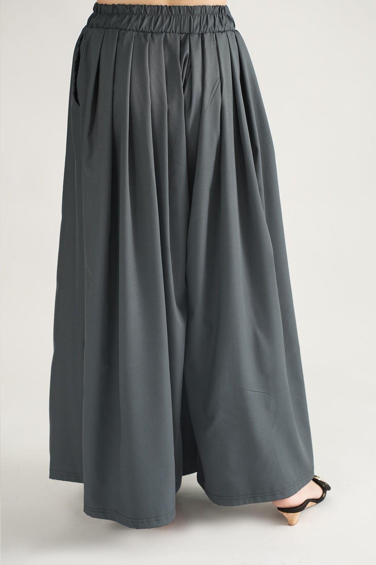 DRAPED PLAZZO HERRINGBONE PANTS DARK GREY  (Ship in 7 Days)