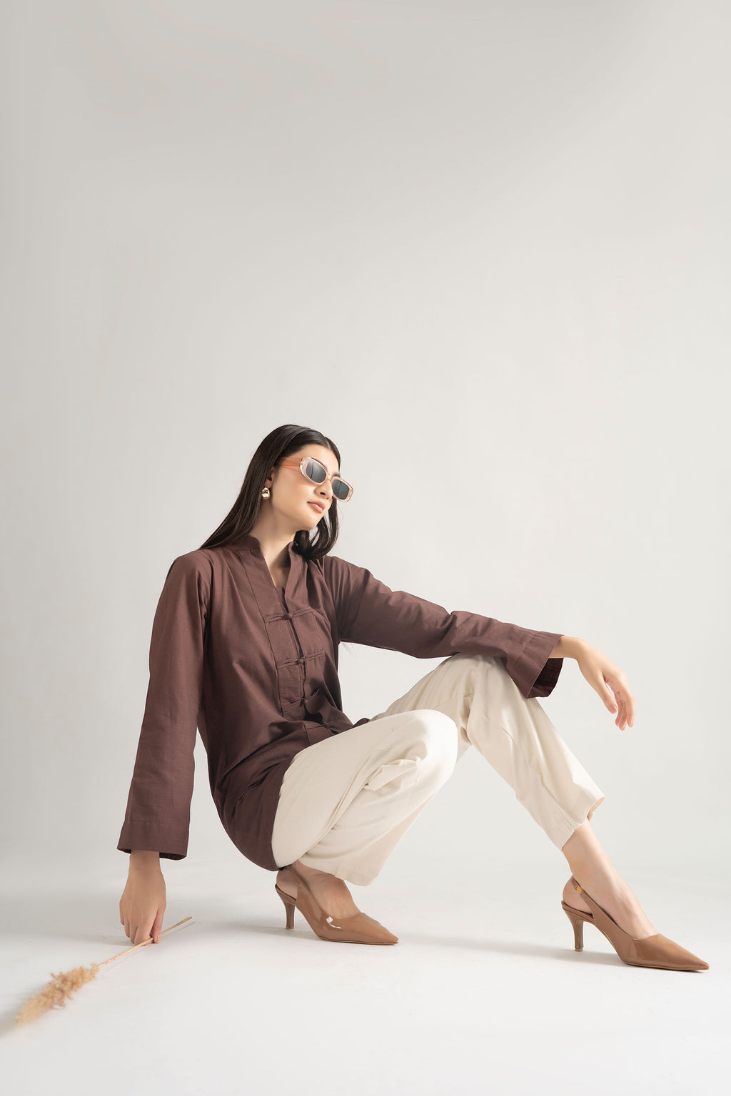 LUMA MANADARIN IRISH COTTON TOP  BROWN (ship in 5 Days)