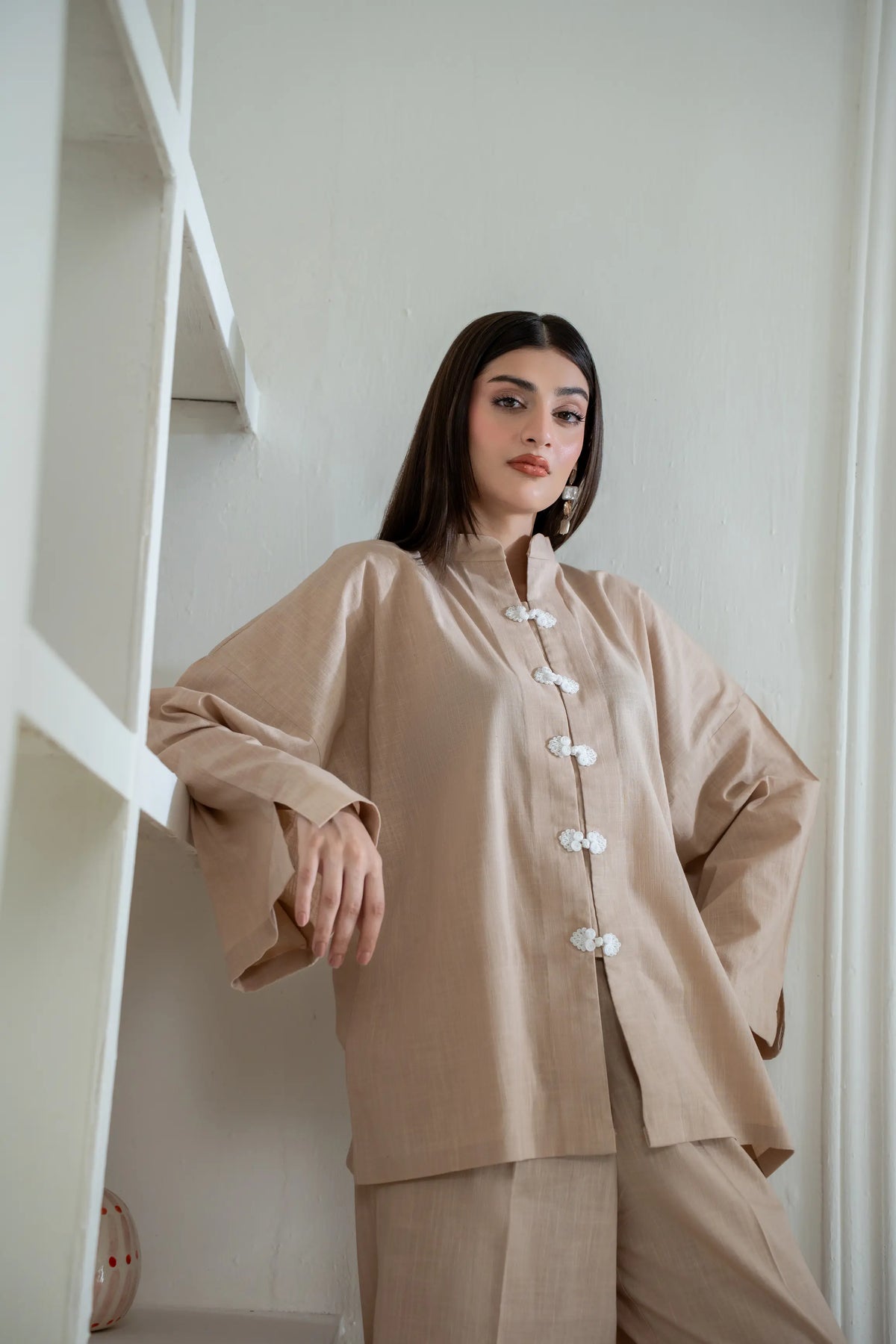 Mandarin Collared  Beige Set